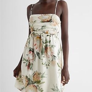 Express Linen-Blended Floral Ruched Mini Babydoll Dress